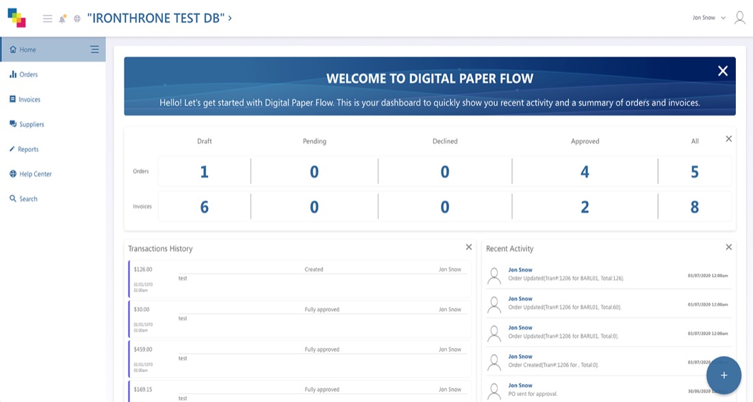 Digital Paper Flow dashboard: counts of draft, pending, declined and approved orders and invoices, with transaction history and a recent activity feed.