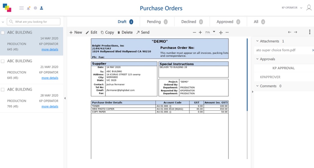 Digital Paper Flow purchase orders: a document list on the left with draft, pending, declined and approved tabs, a purchase order rendered in the centre, and attachments, approvals and comments on the right.