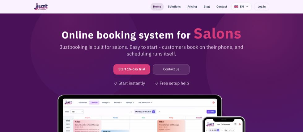 The JuztBooking marketing site: a purple hero reading Online booking system for Salons, above laptop and phone mockups of the scheduling calendar.